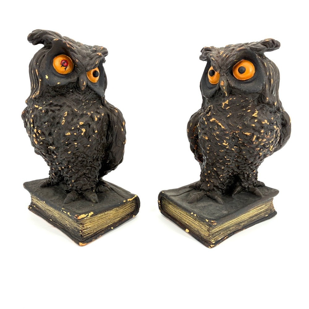 Owl Book Ends Vintage Universal Statuary Corp 1962 Mid Century Gothic Black Gold
